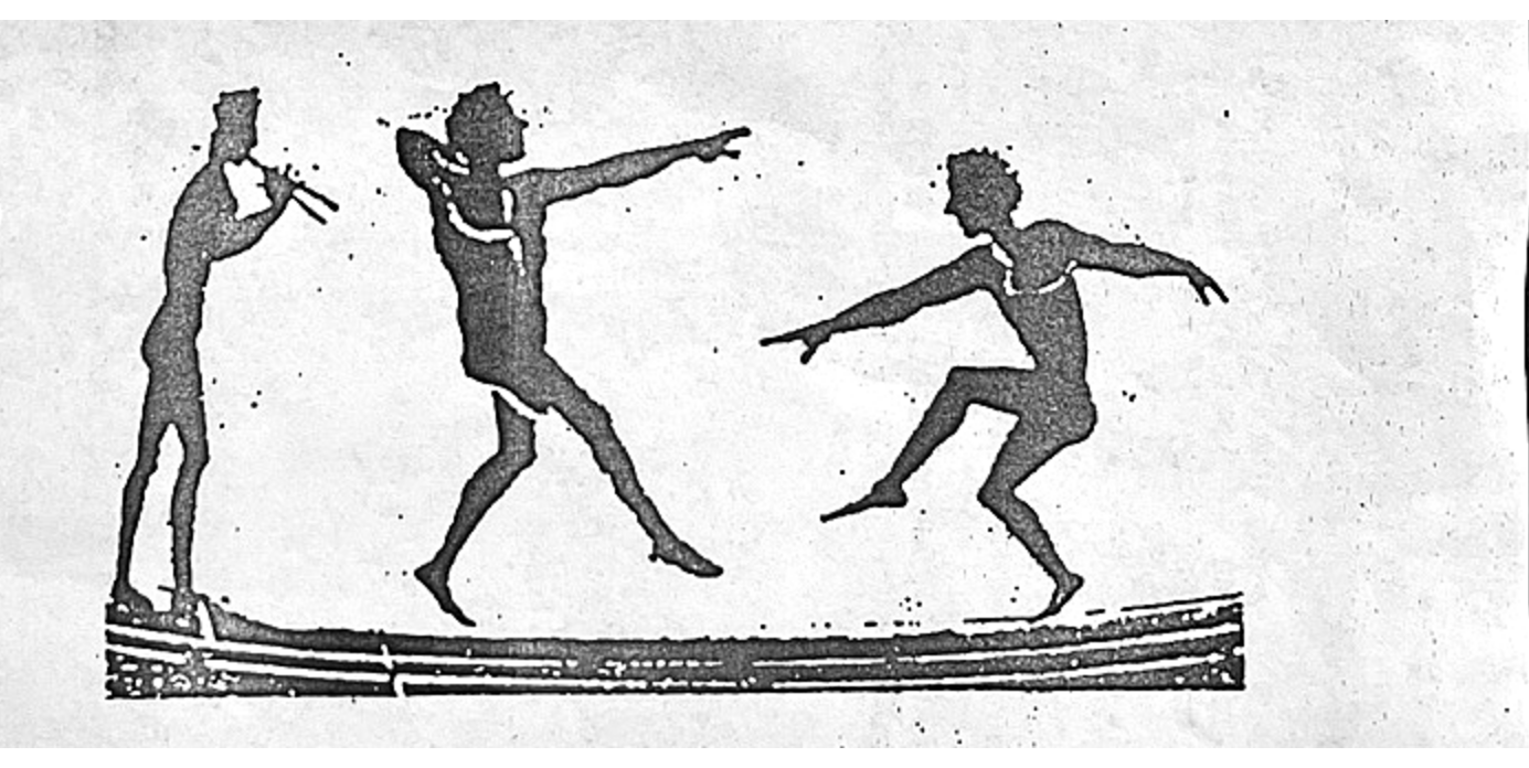 A sinistra un auleta suona il doppio flauto; al centro una figura avanza con braccio e gamba protesi; a destra un secondo danzatore si abbassa, apre le braccia e solleva una gamba. La fonte non conserva numero d'inventario né una scheda museale completa.